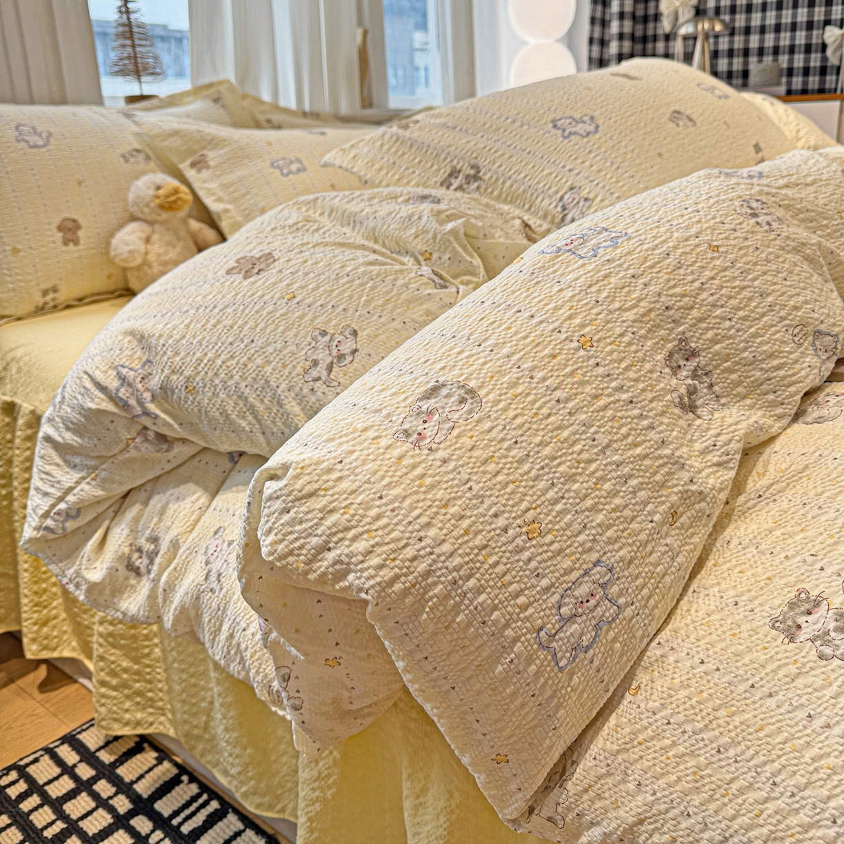 91家纺网 家纺一手货源 找家纺 （总）富米莱（原臻工厂） 2026新款云感泡芙棉小清新印花简约床盖床裙四件套一小红书推荐