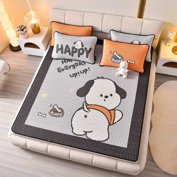 91家纺网 家纺一手货源 找家纺 炫拼家纺 2026新款凉感丝大版卡通乳胶凉席三件套 恰恰狗