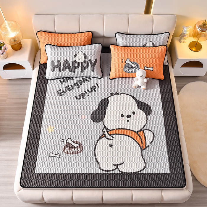 91家纺网 家纺一手货源 找家纺 炫拼家纺 2026新款凉感丝大版卡通乳胶凉席三件套 恰恰狗