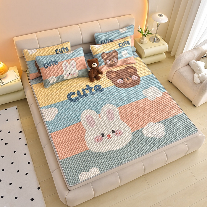 91家纺网 家纺一手货源 找家纺 炫拼家纺 2026新款凉感丝大版卡通乳胶凉席三件套 彩色心情