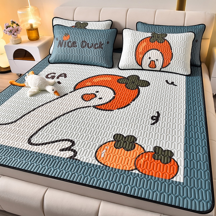 炫拼家纺 2026新款凉感丝大版卡通乳胶凉席三件套 好柿鸭