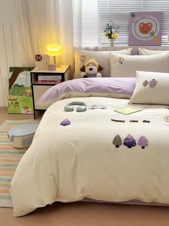 91家纺网 家纺一手货源 找家纺 如意朵 2026新款全棉小清新绣花四件套第一批 童话森林米