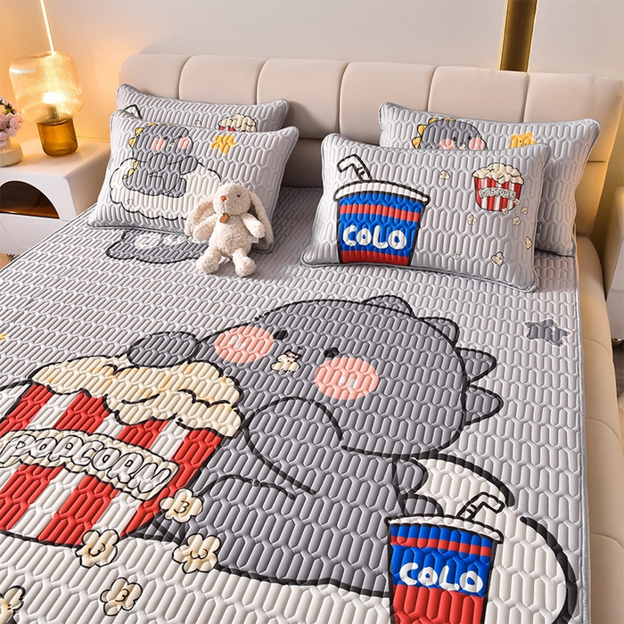 91家纺网 家纺一手货源 找家纺 炫拼家纺 2026新款凉感丝大版卡通乳胶凉席三件套 美食恐龙-灰