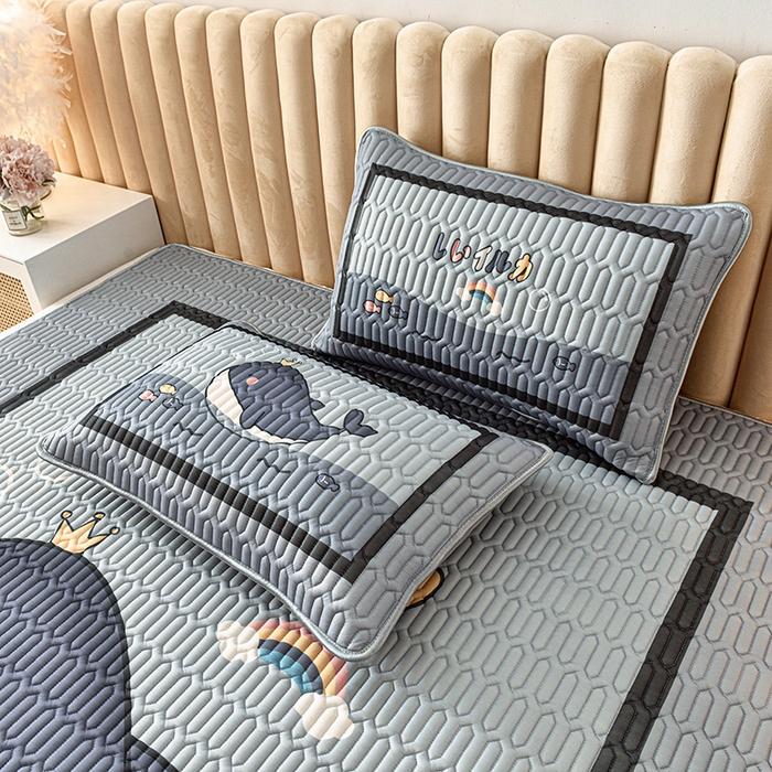 91家纺网 家纺一手货源 找家纺 炫拼家纺 2026新款凉感丝大版卡通乳胶凉席三件套 海浪鲸鱼