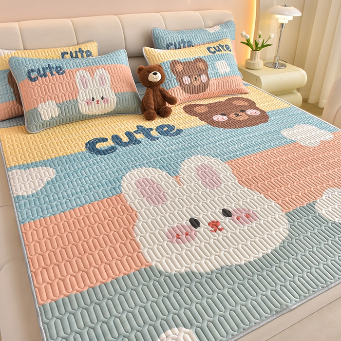 91家纺网 家纺一手货源 找家纺 炫拼家纺 2026新款凉感丝大版卡通乳胶凉席三件套 彩色心情