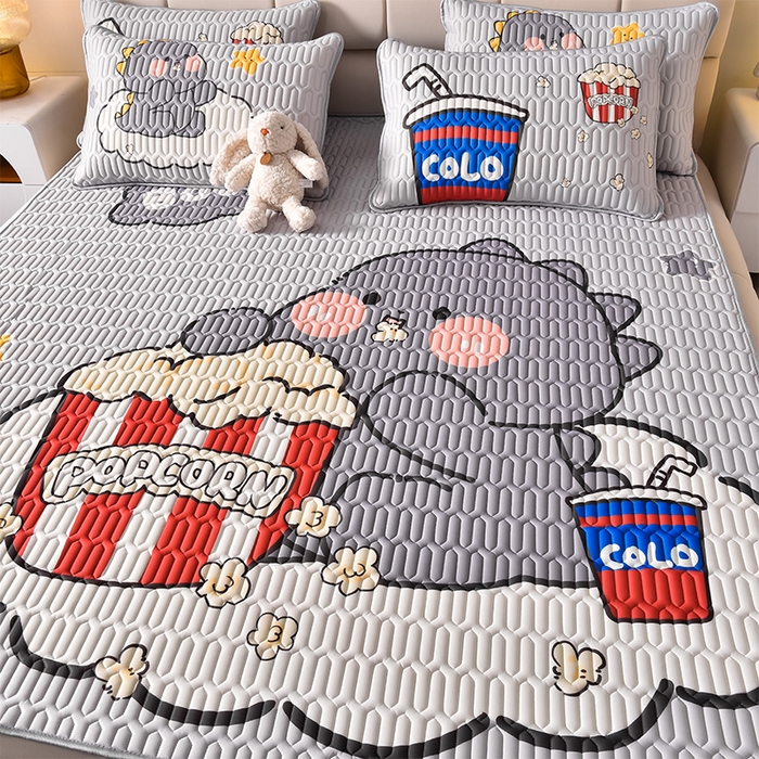 91家纺网 家纺一手货源 找家纺 炫拼家纺 2026新款凉感丝大版卡通乳胶凉席三件套 美食恐龙-灰