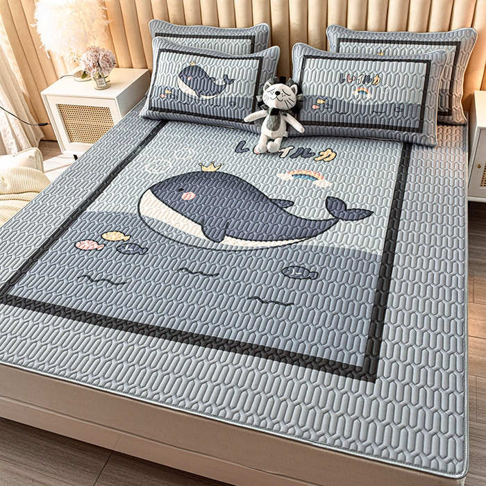 91家纺网 家纺一手货源 找家纺 炫拼家纺 2026新款凉感丝大版卡通乳胶凉席三件套 海浪鲸鱼