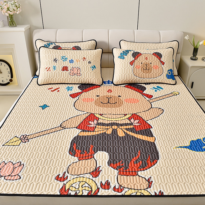 91家纺网 家纺一手货源 找家纺 炫拼家纺 2026新款凉感丝大版卡通乳胶凉席三件套 卡皮小爷