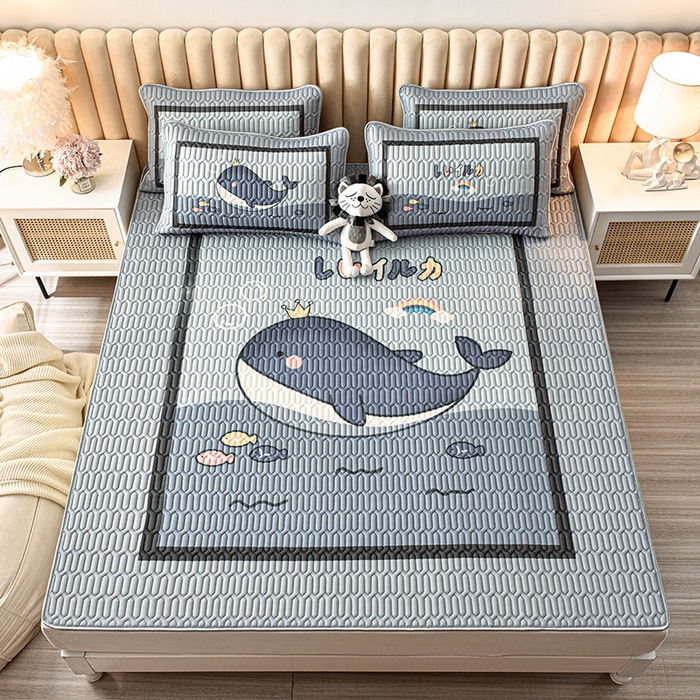 91家纺网 家纺一手货源 找家纺 炫拼家纺 2026新款凉感丝大版卡通乳胶凉席三件套 海浪鲸鱼