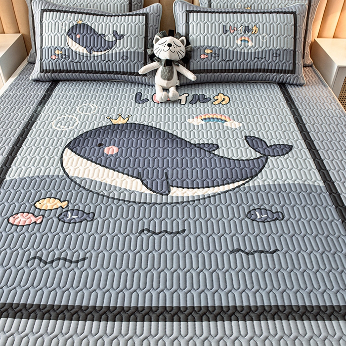 91家纺网 家纺一手货源 找家纺 炫拼家纺 2026新款凉感丝大版卡通乳胶凉席三件套 海浪鲸鱼