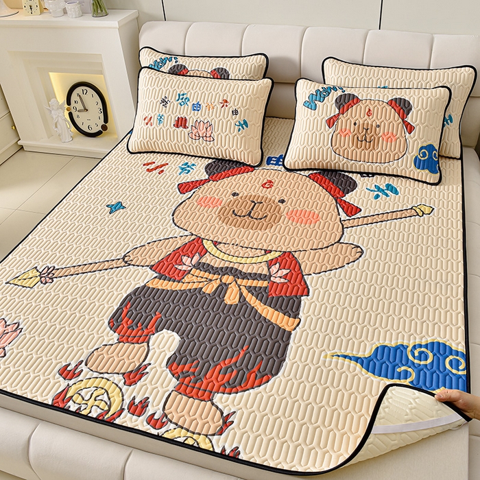 91家纺网 家纺一手货源 找家纺 炫拼家纺 2026新款凉感丝大版卡通乳胶凉席三件套 卡皮小爷