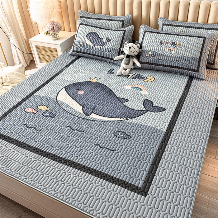 91家纺网 家纺一手货源 找家纺 炫拼家纺 2026新款凉感丝大版卡通乳胶凉席三件套 海浪鲸鱼