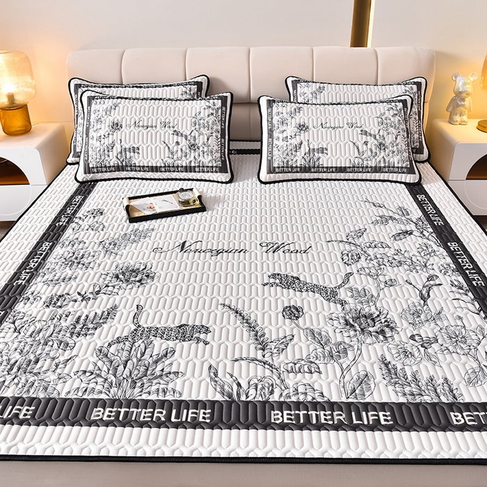 91家纺网 家纺一手货源 找家纺 炫拼家纺 2026新款凉感丝大版卡通乳胶凉席三件套 从林豹-灰