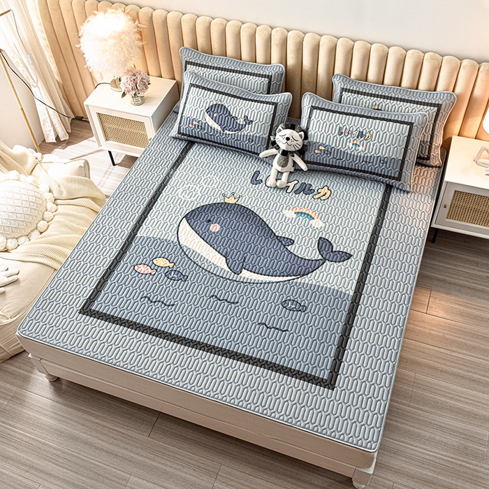 91家纺网 家纺一手货源 找家纺 炫拼家纺 2026新款凉感丝大版卡通乳胶凉席三件套 海浪鲸鱼