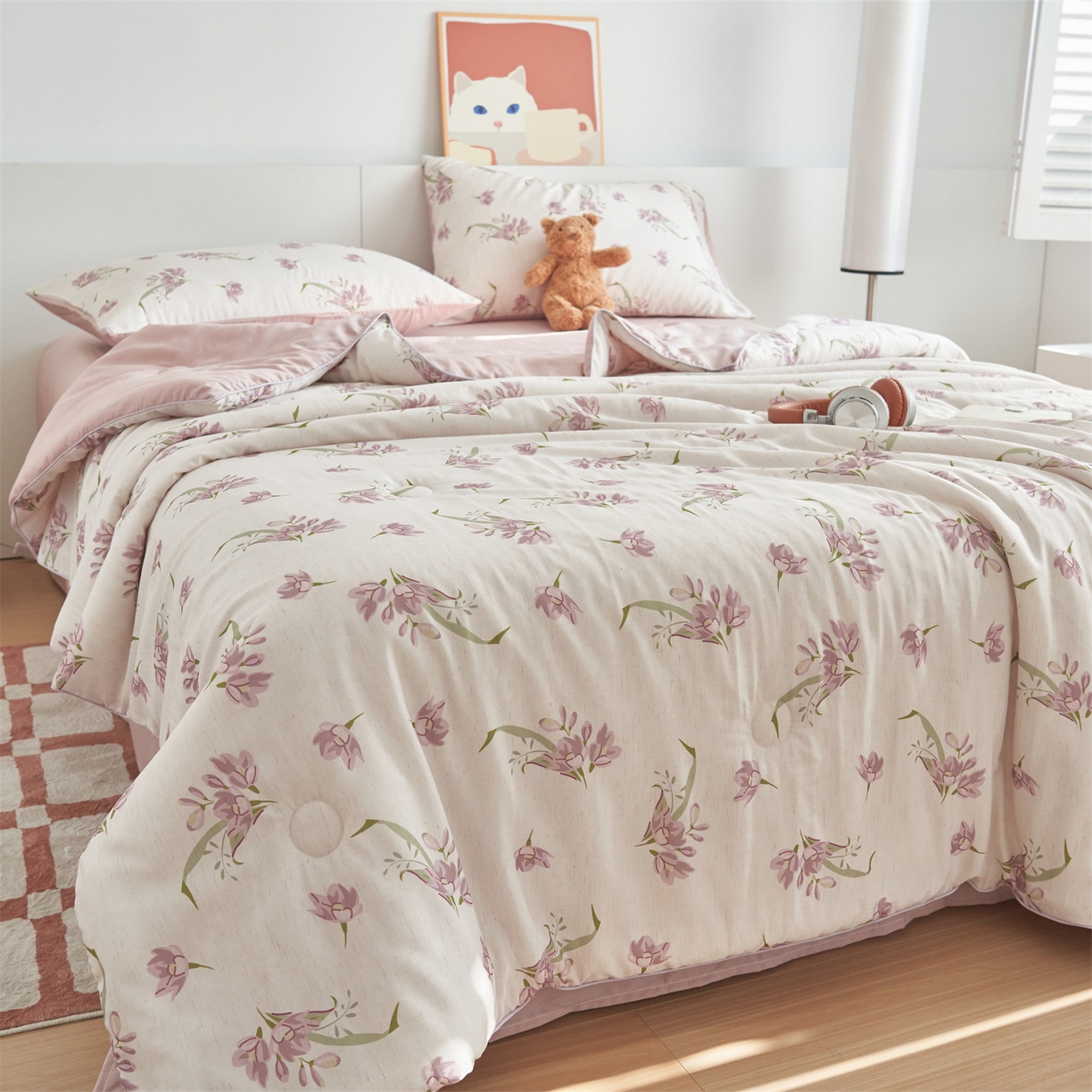 91家纺网 家纺一手货源 找家纺 恬思语家纺 2026新款天丝麻大豆印花夏被夏凉被空调被 丁香花