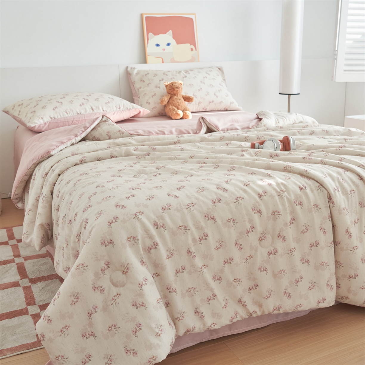 91家纺网 家纺一手货源 找家纺 恬思语家纺 2026新款天丝麻大豆印花夏被夏凉被空调被 醉花粉