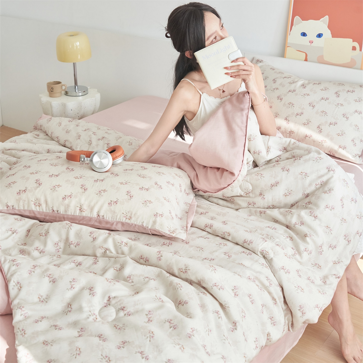 91家纺网 家纺一手货源 找家纺 恬思语家纺 2026新款天丝麻大豆印花夏被夏凉被空调被 醉花粉