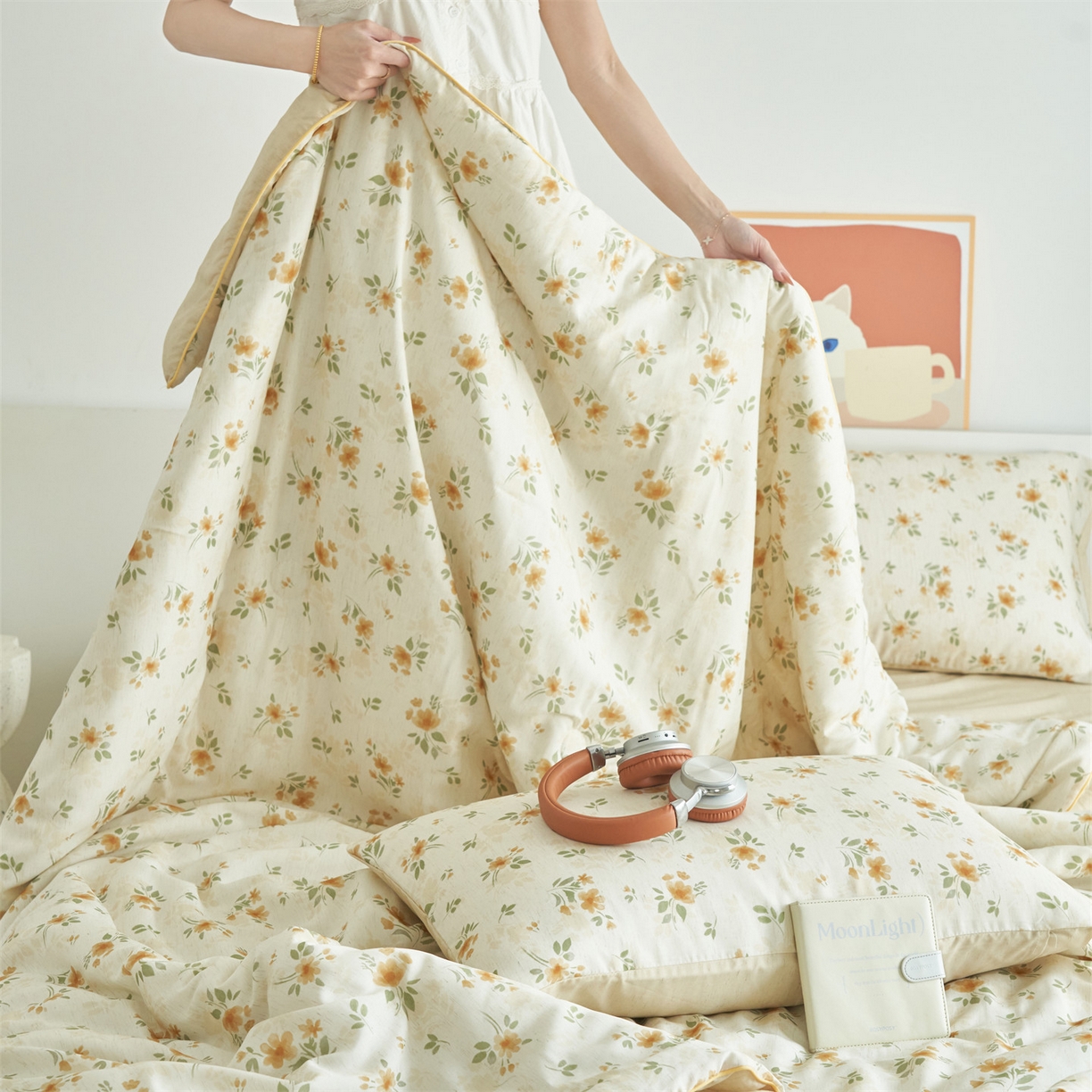 91家纺网 家纺一手货源 找家纺 恬思语家纺 2026新款天丝麻大豆印花夏被夏凉被空调被 花叶伴舞