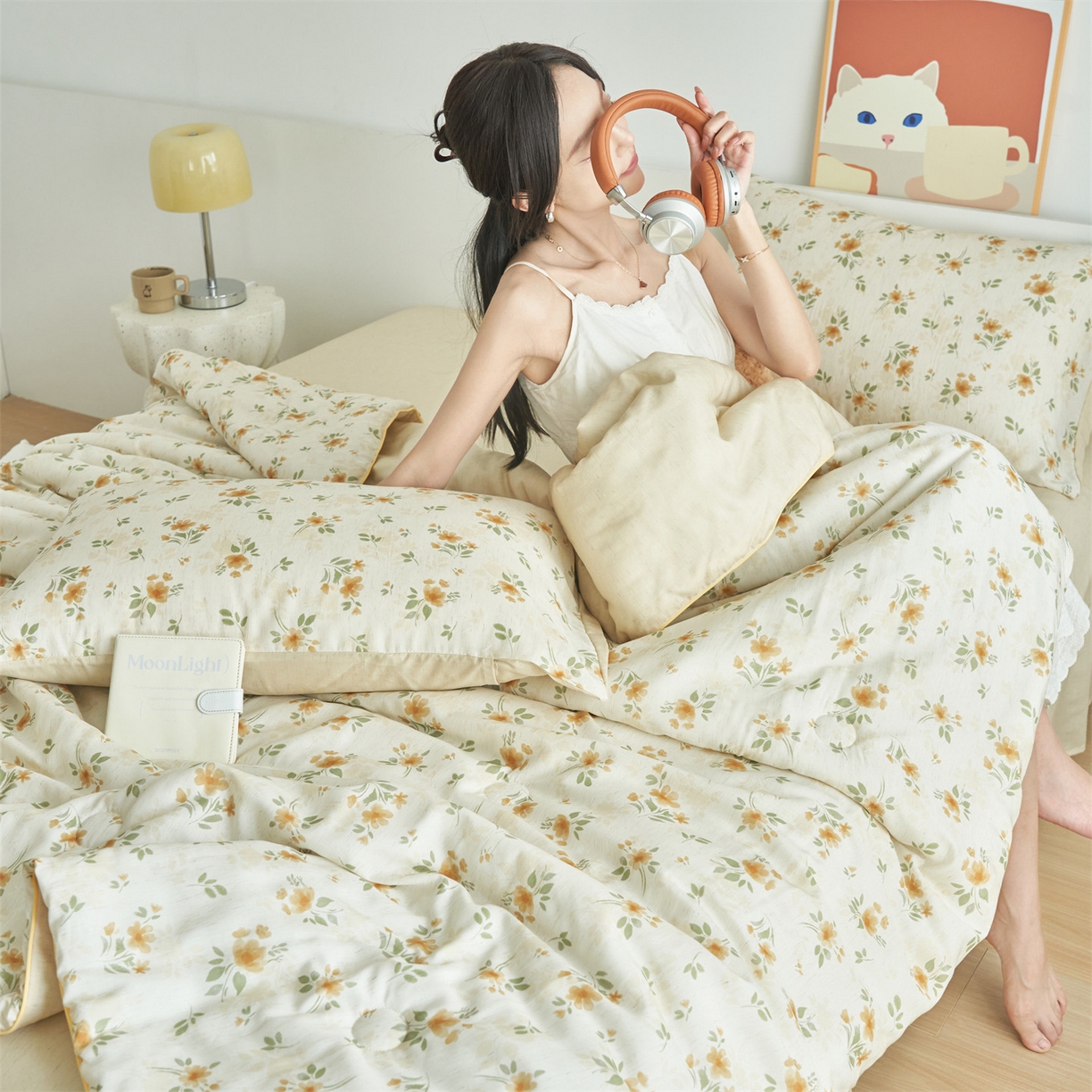 91家纺网 家纺一手货源 找家纺 恬思语家纺 2026新款天丝麻大豆印花夏被夏凉被空调被 花叶伴舞