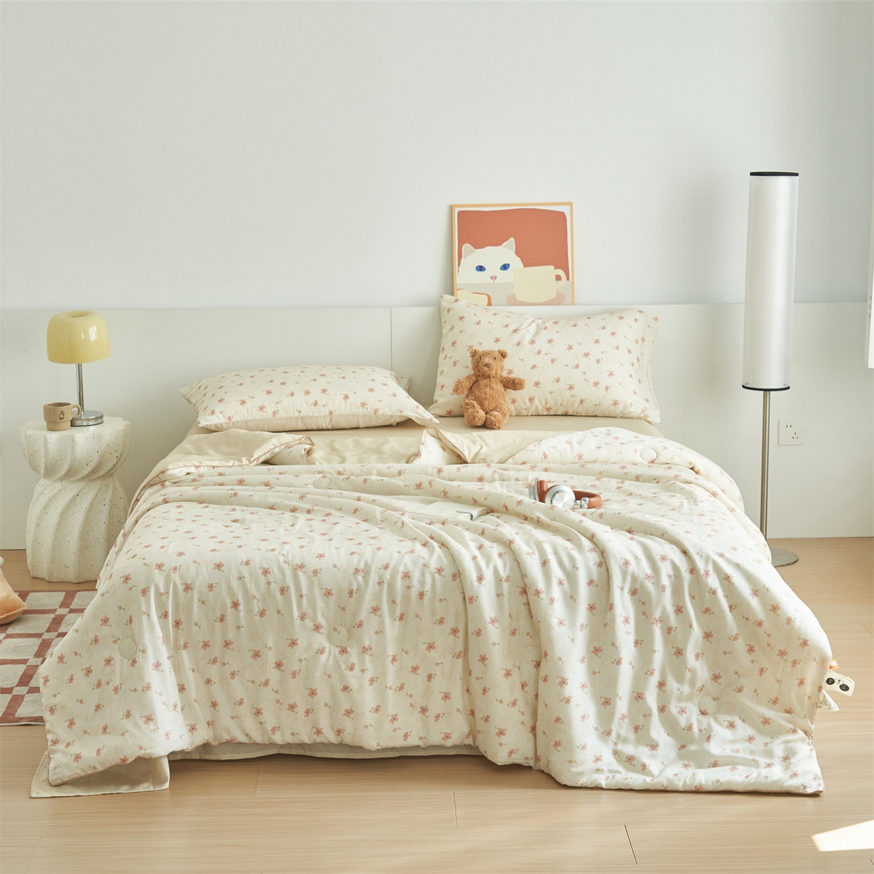 91家纺网 家纺一手货源 找家纺 恬思语家纺 2026新款天丝麻大豆印花夏被夏凉被空调被 桃花朵朵