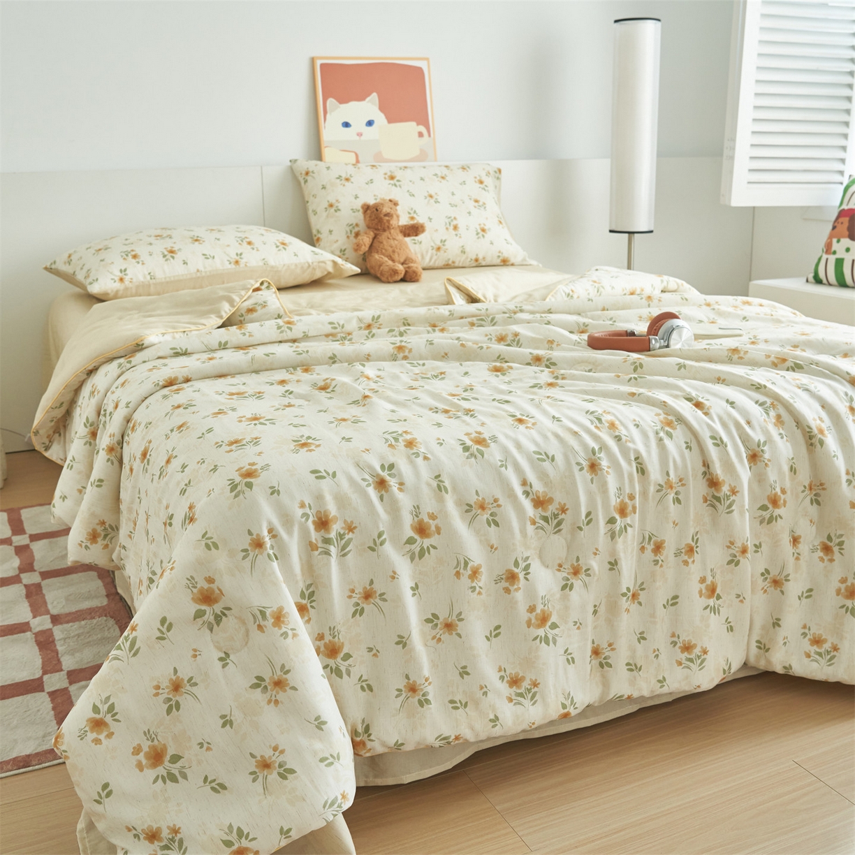 91家纺网 家纺一手货源 找家纺 恬思语家纺 2026新款天丝麻大豆印花夏被夏凉被空调被 花叶伴舞