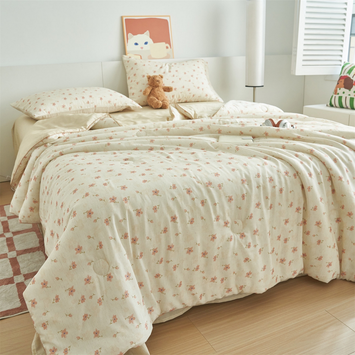 91家纺网 家纺一手货源 找家纺 恬思语家纺 2026新款天丝麻大豆印花夏被夏凉被空调被 桃花朵朵