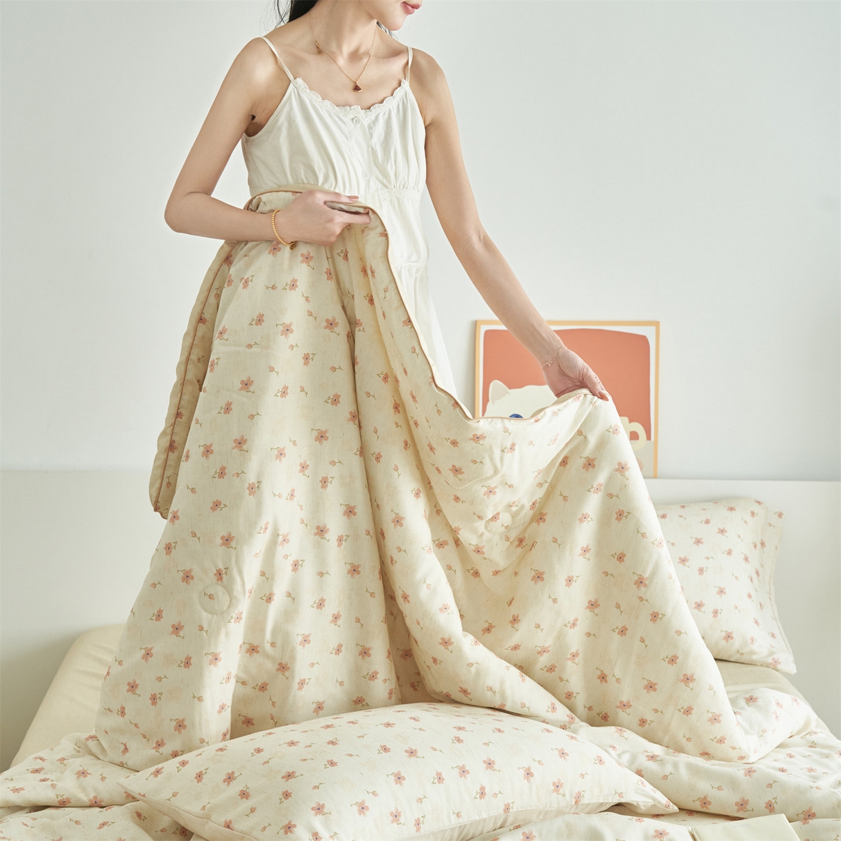 91家纺网 家纺一手货源 找家纺 恬思语家纺 2026新款天丝麻大豆印花夏被夏凉被空调被 桃花朵朵