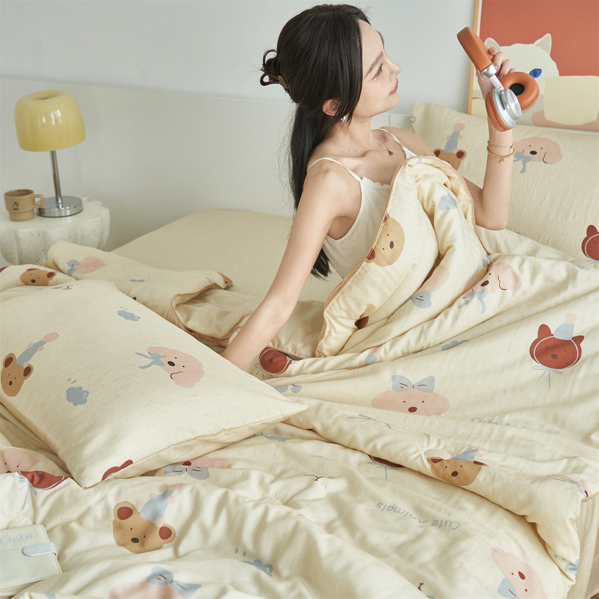 91家纺网 家纺一手货源 找家纺 恬思语家纺 2026新款天丝麻大豆印花夏被夏凉被空调被 萌宠小熊