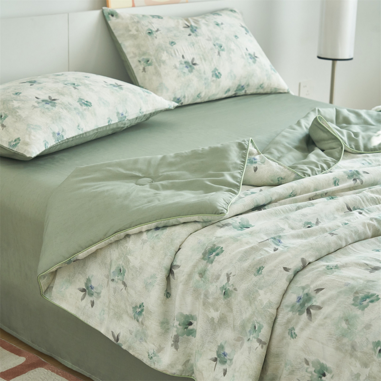 91家纺网 家纺一手货源 找家纺 恬思语家纺 2026新款天丝麻大豆印花夏被夏凉被空调被 蓝色海棠