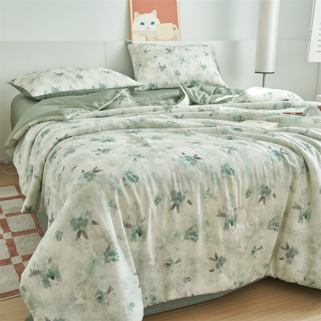 91家纺网 家纺一手货源 找家纺 恬思语家纺 2026新款天丝麻大豆印花夏被夏凉被空调被 蓝色海棠