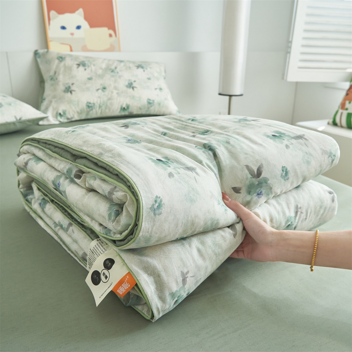 91家纺网 家纺一手货源 找家纺 恬思语家纺 2026新款天丝麻大豆印花夏被夏凉被空调被 蓝色海棠