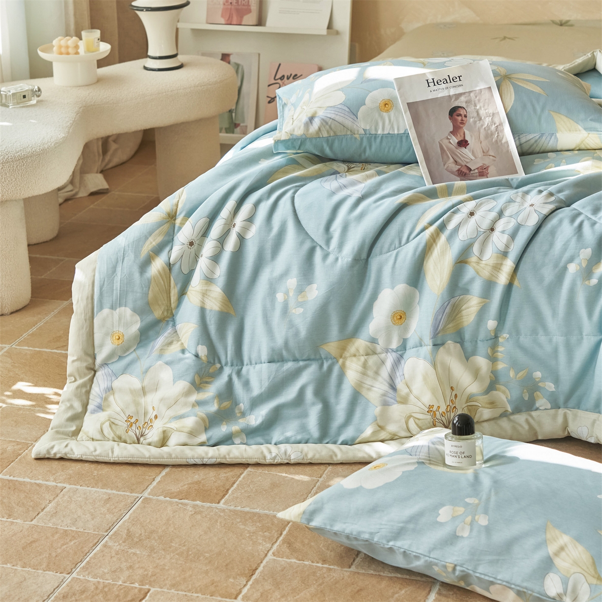 91家纺网 家纺一手货源 找家纺 恬思语家纺 2026春夏新款里外全棉印花棉花夏被空调被夏凉被夏被四件套 芬芳年华