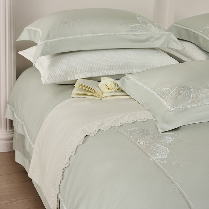 91家纺网 家纺一手货源 找家纺 诗黛尔家纺 2026春夏云朵棉刺绣四件套 香颂系列 香颂-冰晶绿