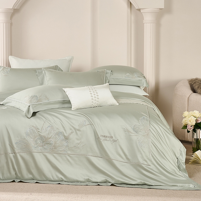 91家纺网 家纺一手货源 找家纺 诗黛尔家纺 2026春夏云朵棉刺绣四件套 香颂系列 香颂-冰晶绿