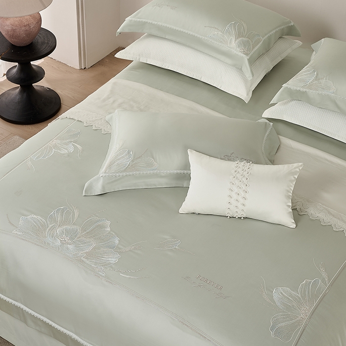 91家纺网 家纺一手货源 找家纺 诗黛尔家纺 2026春夏云朵棉刺绣四件套 香颂系列 香颂-冰晶绿