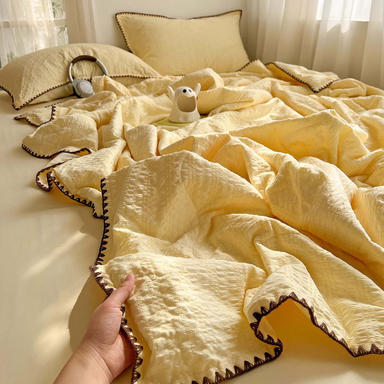 一比一家纺 2026新款泡泡纱三角针夏被四件套--纯色系列 奶油黄