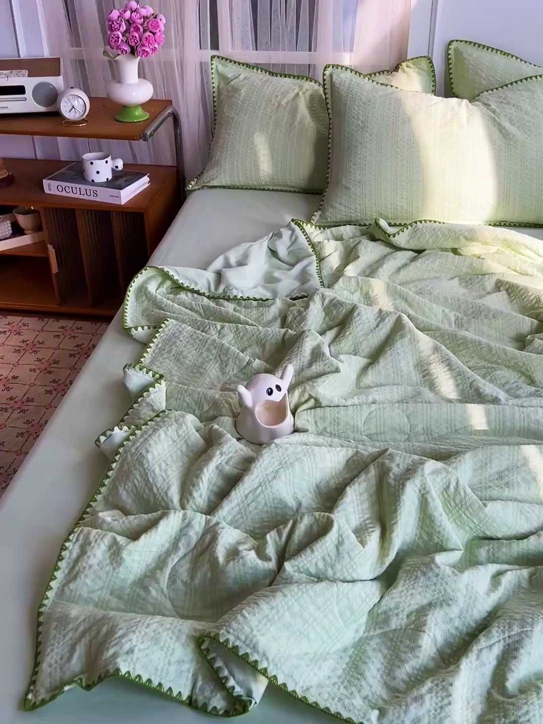 91家纺网 家纺一手货源 找家纺 一比一家纺 2026新款泡泡纱三角针夏被四件套--纯色系列 抹茶绿