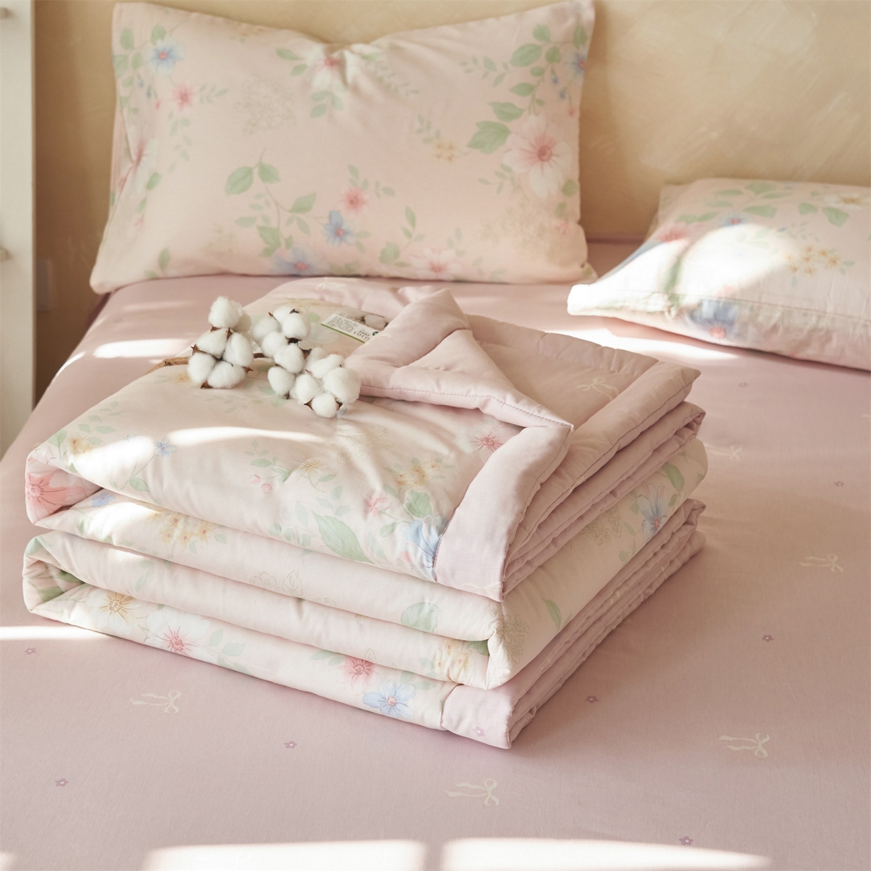 91家纺网 家纺一手货源 找家纺 恬思语家纺 2026春夏新款里外全棉印花棉花夏被空调被夏凉被夏被四件套 国色嫣然-粉