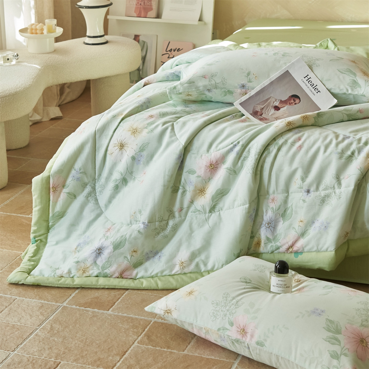 91家纺网 家纺一手货源 找家纺 恬思语家纺 2026春夏新款里外全棉印花棉花夏被空调被夏凉被夏被四件套 国色嫣然-绿