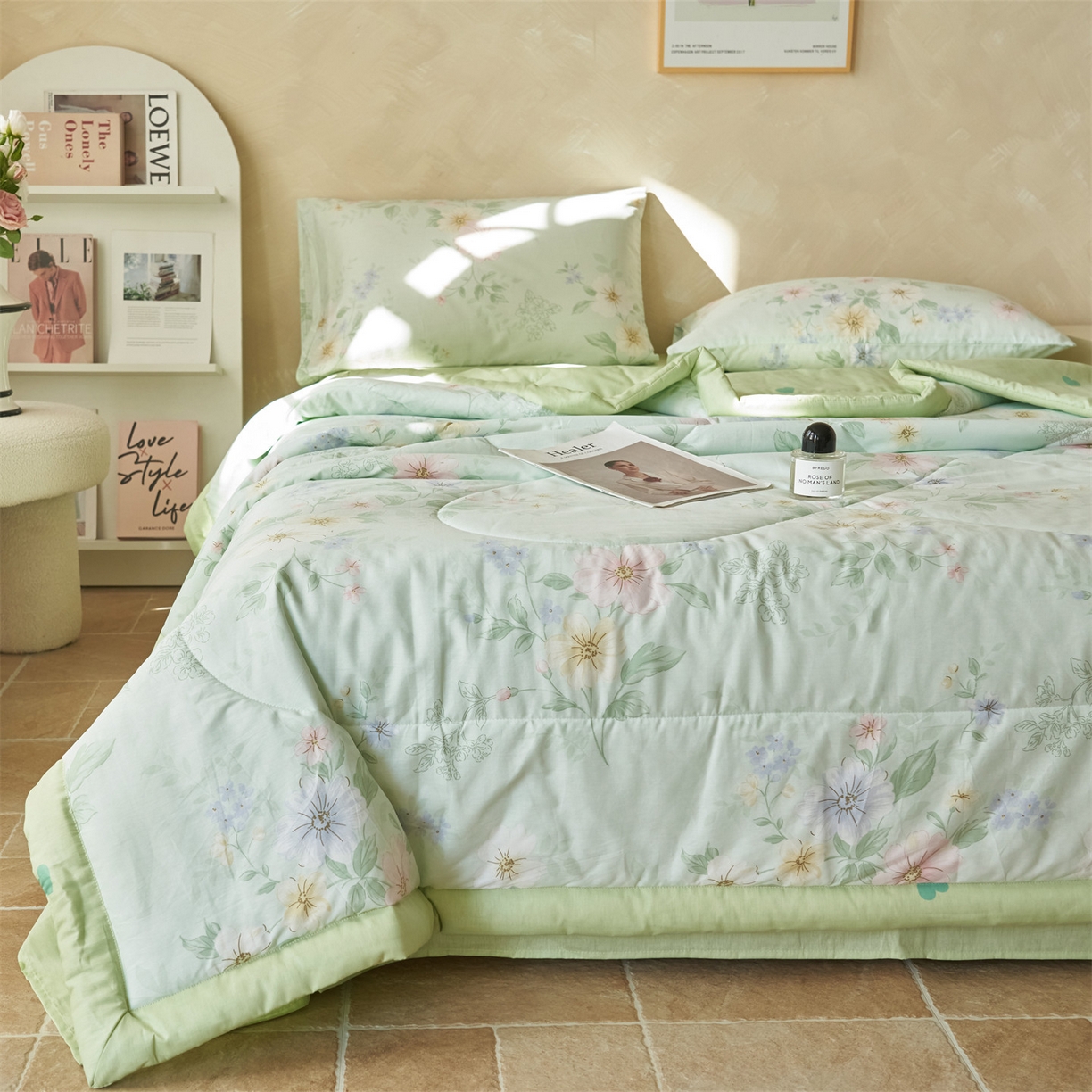 91家纺网 家纺一手货源 找家纺 恬思语家纺 2026春夏新款里外全棉印花棉花夏被空调被夏凉被夏被四件套 国色嫣然-绿
