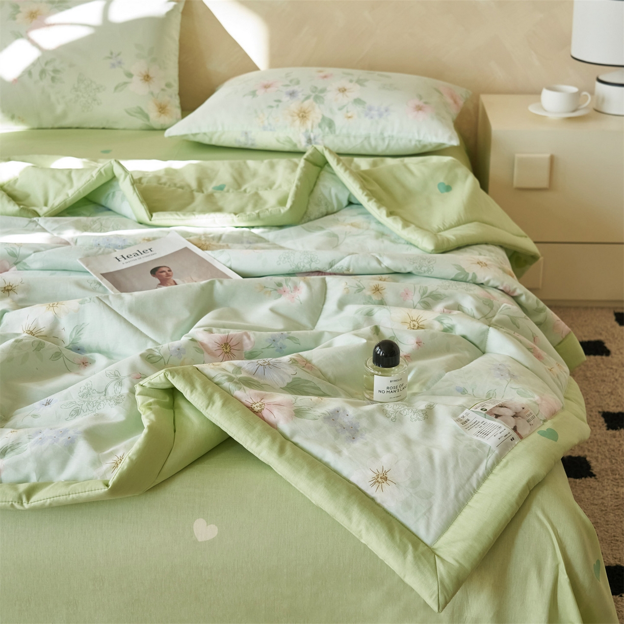 91家纺网 家纺一手货源 找家纺 恬思语家纺 2026春夏新款里外全棉印花棉花夏被空调被夏凉被夏被四件套 国色嫣然-绿