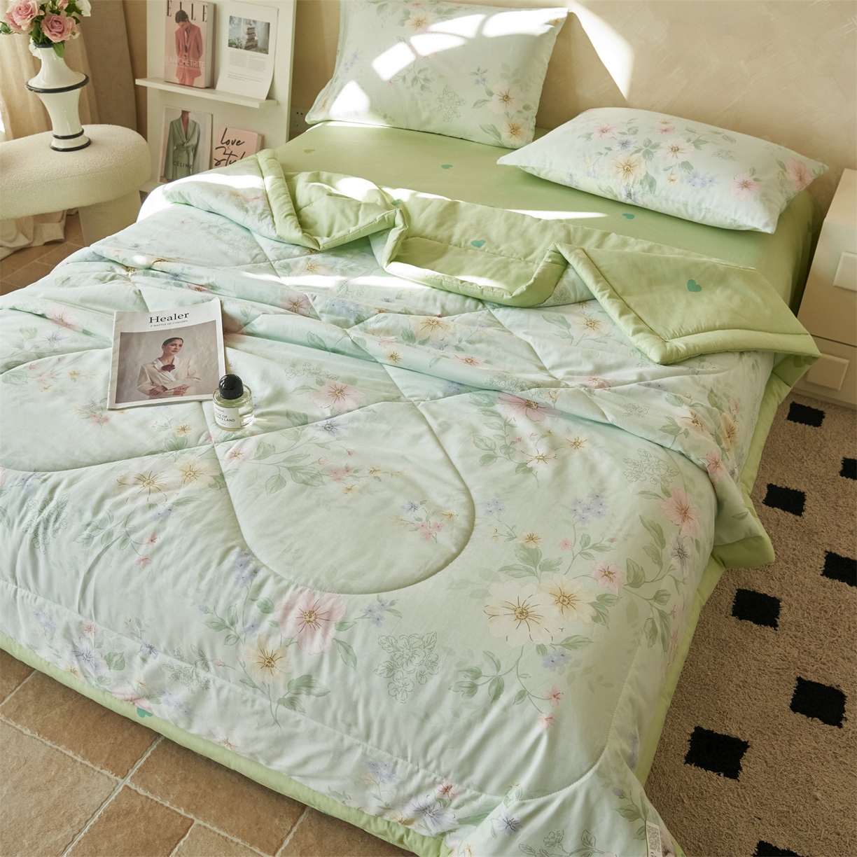 91家纺网 家纺一手货源 找家纺 恬思语家纺 2026春夏新款里外全棉印花棉花夏被空调被夏凉被夏被四件套 国色嫣然-绿