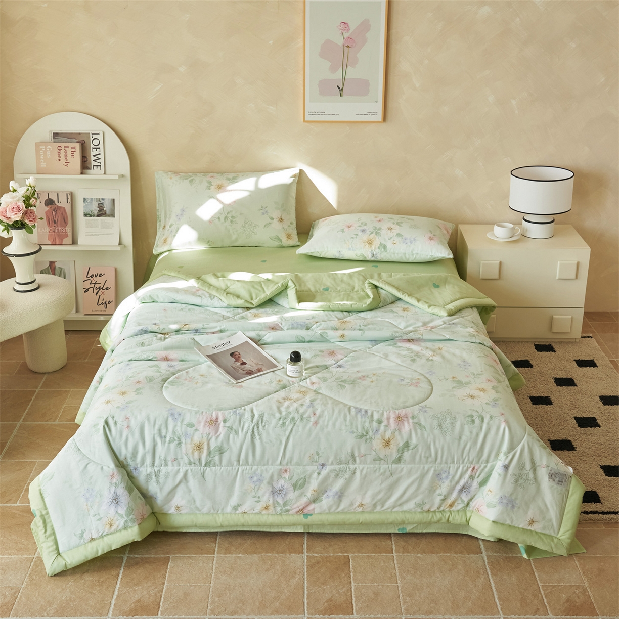 91家纺网 家纺一手货源 找家纺 恬思语家纺 2026春夏新款里外全棉印花棉花夏被空调被夏凉被夏被四件套 国色嫣然-绿