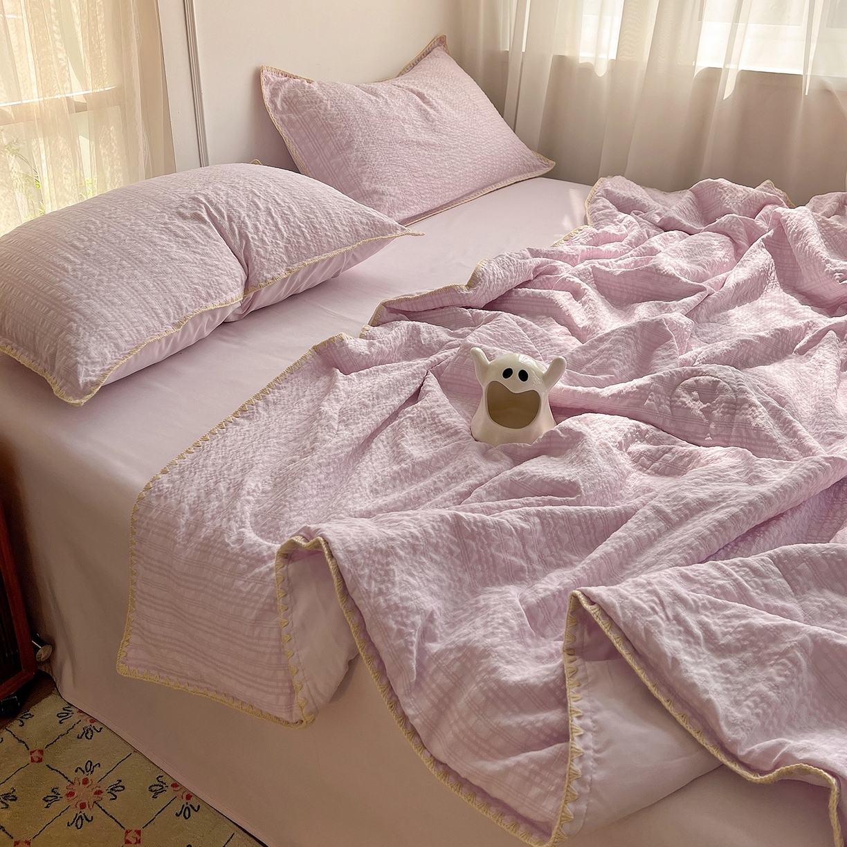 91家纺网 家纺一手货源 找家纺 一比一家纺 2026新款泡泡纱三角针夏被四件套--纯色系列 芋泥紫