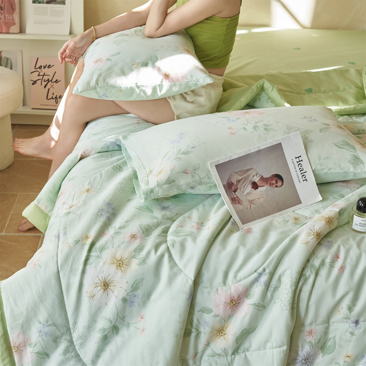 91家纺网 家纺一手货源 找家纺 恬思语家纺 2026春夏新款里外全棉印花棉花夏被空调被夏凉被夏被四件套 国色嫣然-绿