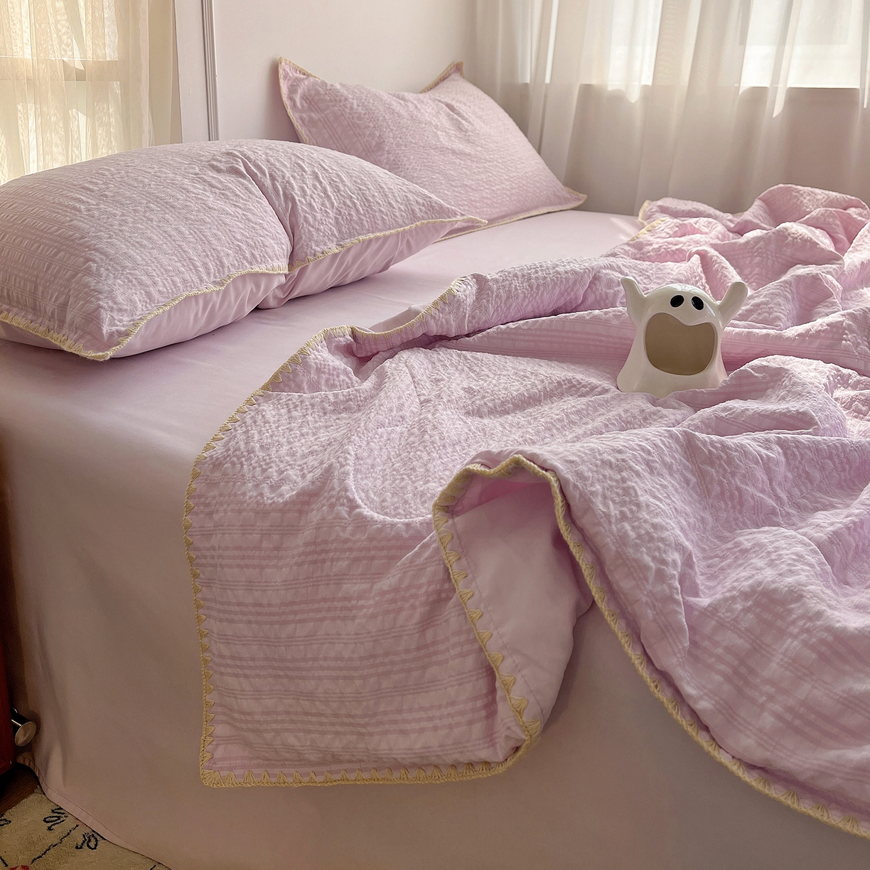 91家纺网 家纺一手货源 找家纺 一比一家纺 2026新款泡泡纱三角针夏被四件套--纯色系列 芋泥紫