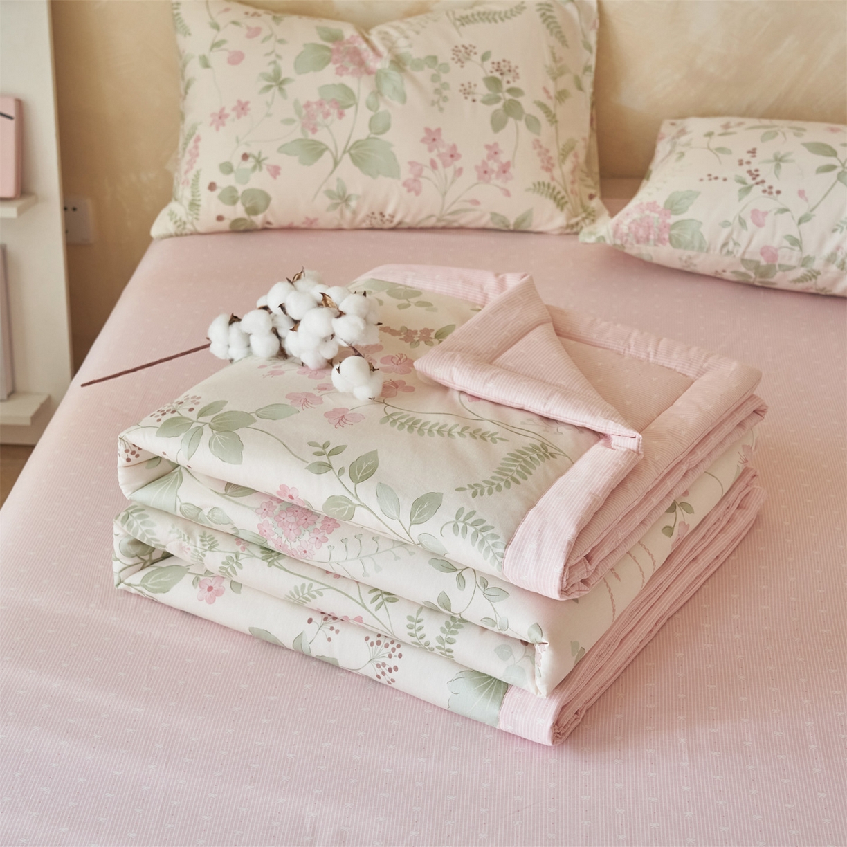 91家纺网 家纺一手货源 找家纺 恬思语家纺 2026春夏新款里外全棉印花棉花夏被空调被夏凉被夏被四件套 花春城