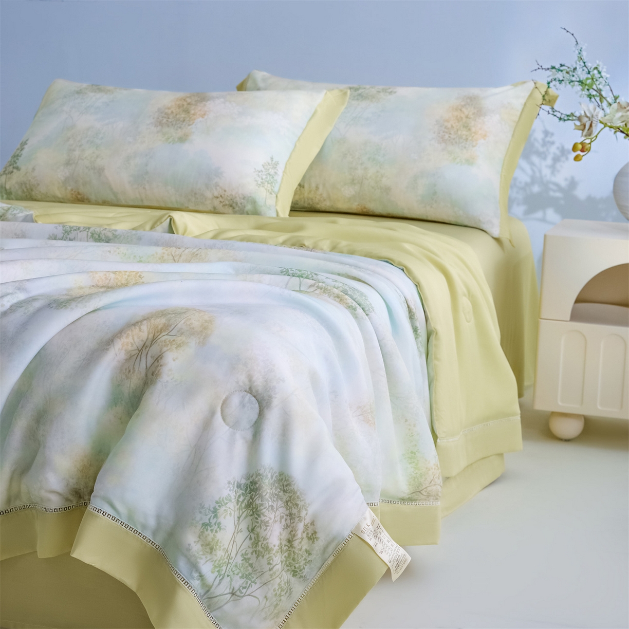 91家纺网 家纺一手货源 找家纺 恬思语家纺 2026春夏新品莱赛尔天丝印花蚕丝夏被夏凉被空调被 幸福里-绿