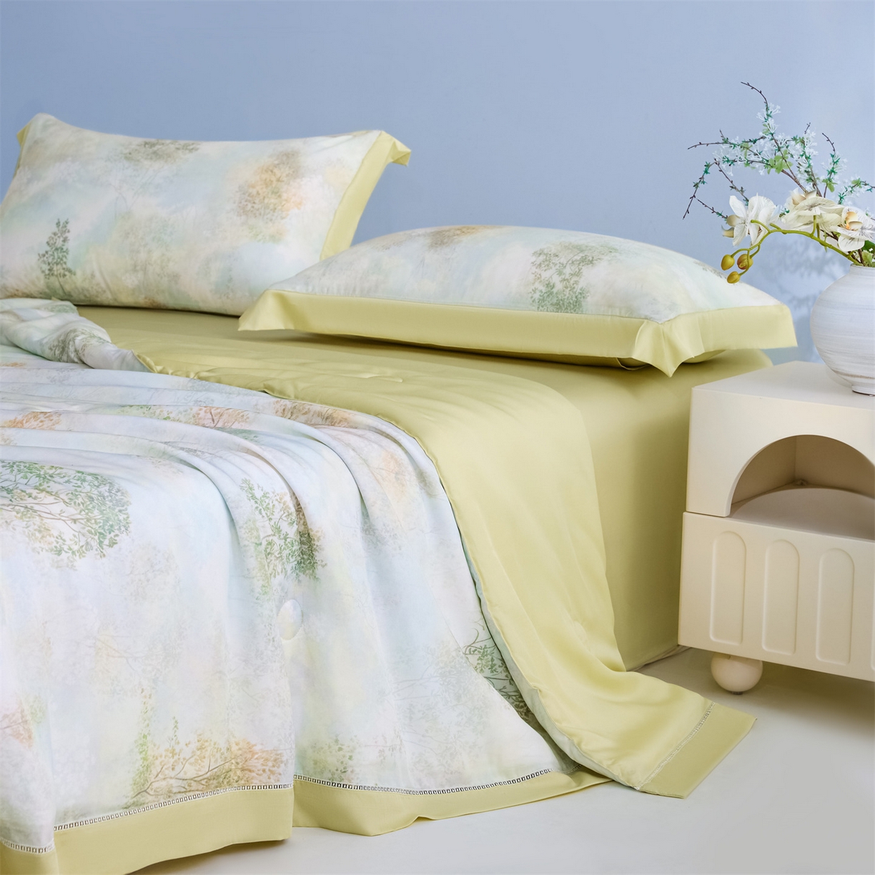 91家纺网 家纺一手货源 找家纺 恬思语家纺 2026春夏新品莱赛尔天丝印花蚕丝夏被夏凉被空调被 幸福里-绿