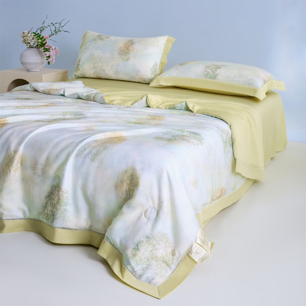 91家纺网 家纺一手货源 找家纺 恬思语家纺 2026春夏新品莱赛尔天丝印花蚕丝夏被夏凉被空调被 幸福里-绿